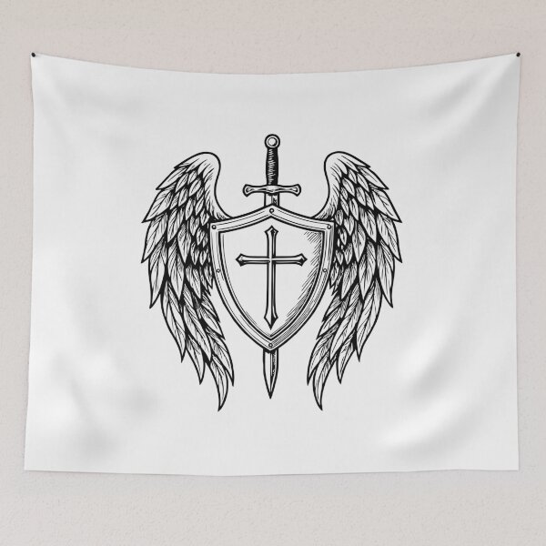 Item preview, Angel wings shield and sword outline drawing designed and sold by EchoOfSilence.