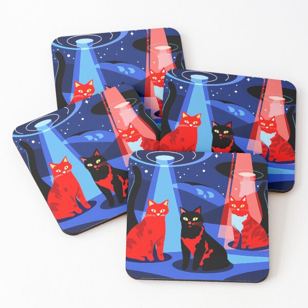 Item preview, Red Blue Mystical Night Cats Encounters Animals UFO designed and sold by ART ATTACK ZONE.