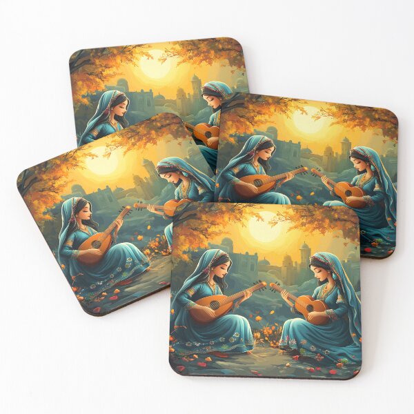 Item preview, Two women playing guitars under autumn trees at sunset designed and sold by Artessie.