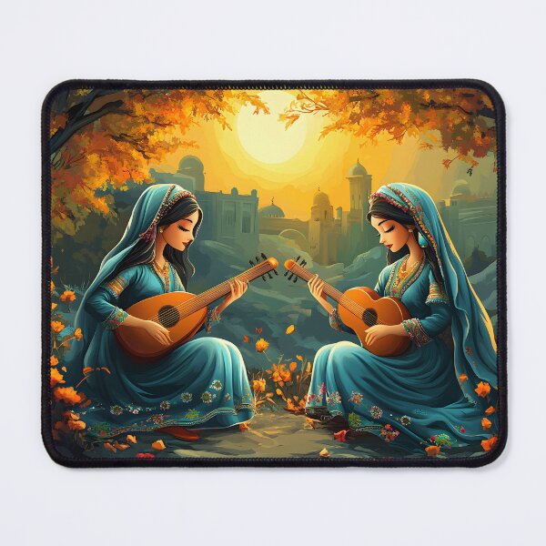 Item preview, Two women playing guitars under autumn trees at sunset designed and sold by Artessie.