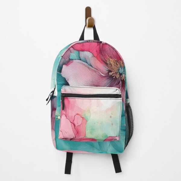 Item preview, Dusty Pink and Dark teal green and gold VINTAGE FLOWERS, teal and pink wildflower watercolour garden, deep teal alcohol ink effect, blue-green floral pink spring painting designed and sold by navitalidesign.