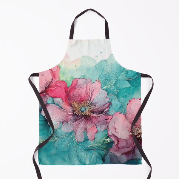 Item preview, Dusty Pink and Dark teal green and gold VINTAGE FLOWERS, teal and pink wildflower watercolour garden, deep teal alcohol ink effect, blue-green floral pink spring painting designed and sold by navitalidesign.