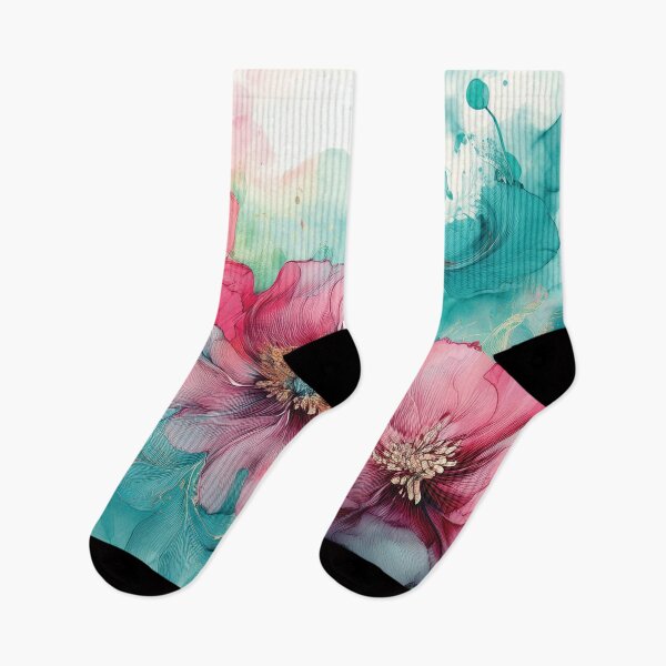 Item preview, Dusty Pink and Dark teal green and gold VINTAGE FLOWERS, teal and pink wildflower watercolour garden, deep teal alcohol ink effect, blue-green floral pink spring painting  designed and sold by navitalidesign.