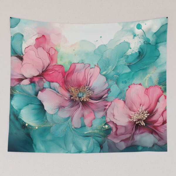 Item preview, Dusty Pink and Dark teal green and gold VINTAGE FLOWERS, teal and pink wildflower watercolour garden, deep teal alcohol ink effect, blue-green floral pink spring painting  designed and sold by navitalidesign.