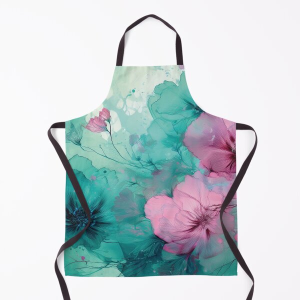Item preview, Dusty Pink and Dark teal green and gold VINTAGE FLOWERS 2, teal and pink wildflower watercolour garden, deep teal alcohol ink effect, blue-green floral pink spring painting designed and sold by navitalidesign.