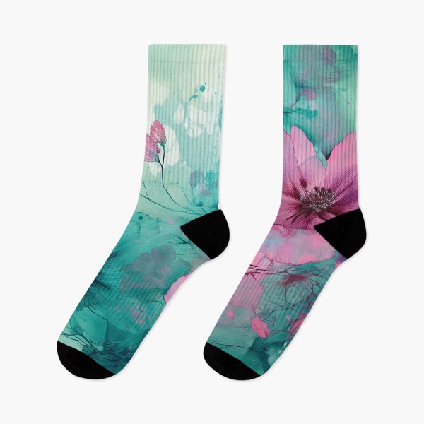 Item preview, Dusty Pink and Dark teal green and gold VINTAGE FLOWERS 2, teal and pink wildflower watercolour garden, deep teal alcohol ink effect, blue-green floral pink spring painting  designed and sold by navitalidesign.