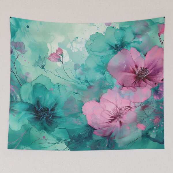 Item preview, Dusty Pink and Dark teal green and gold VINTAGE FLOWERS 2, teal and pink wildflower watercolour garden, deep teal alcohol ink effect, blue-green floral pink spring painting  designed and sold by navitalidesign.