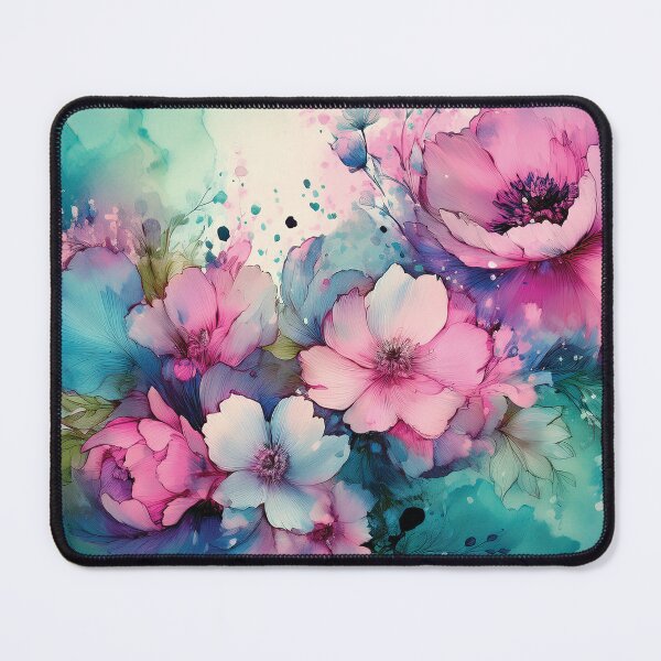Item preview, Dusty Pink and Dark teal green and gold VINTAGE FLOWERS 3, teal and pink wildflower watercolour garden, deep teal alcohol ink effect, blue-green floral pink spring painting  designed and sold by navitalidesign.