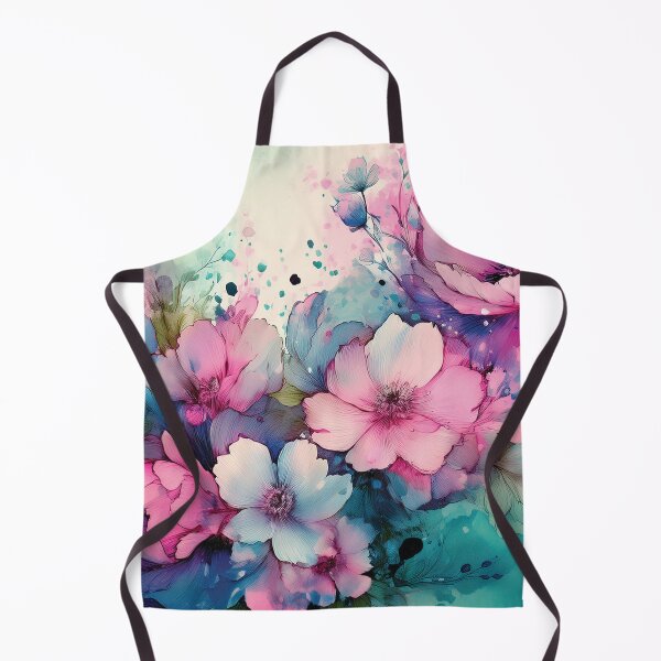 Item preview, Dusty Pink and Dark teal green and gold VINTAGE FLOWERS 3, teal and pink wildflower watercolour garden, deep teal alcohol ink effect, blue-green floral pink spring painting designed and sold by navitalidesign.