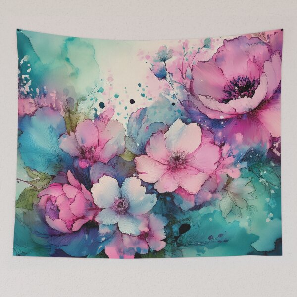 Item preview, Dusty Pink and Dark teal green and gold VINTAGE FLOWERS 3, teal and pink wildflower watercolour garden, deep teal alcohol ink effect, blue-green floral pink spring painting  designed and sold by navitalidesign.
