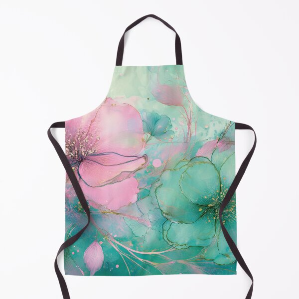 Item preview, Blush Pink and Dark teal green and gold VINTAGE FLOWERS 2, teal and pink wildflower watercolour garden, deep teal alcohol ink effect, blue-green floral pink spring painting designed and sold by navitalidesign.