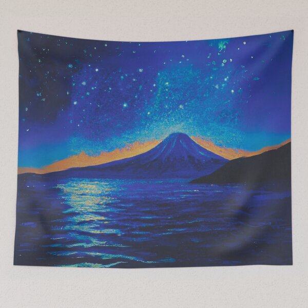 Item preview, A blue Starry Night of sea and fuji mountain with a full moon designed and sold by MerryCrown.