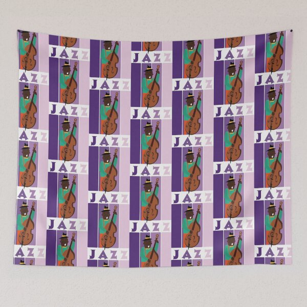 Item preview, Jazz musician playing the double bass with retro background in lilac tones designed and sold by Martapp.