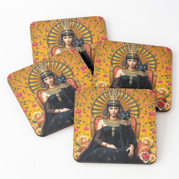 Artikelvorschau, Kleopatra und die schwarze Katze – Goldene florale Fantasy-Thronkunst entworfen und verkauft von EmeraldeaArt.