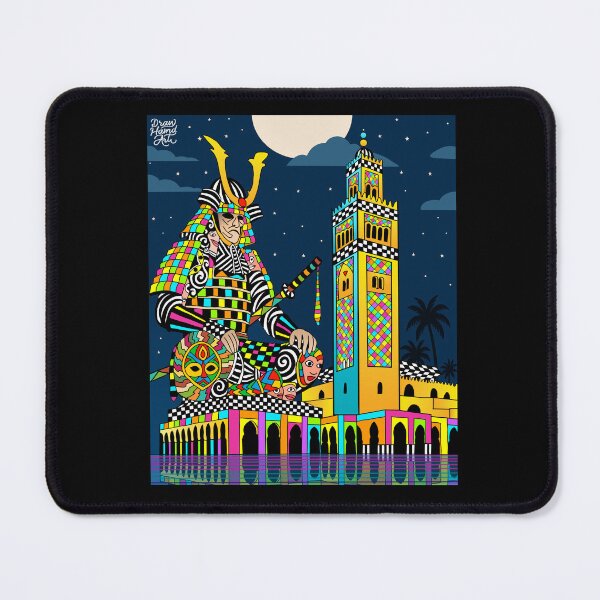 Item preview, African Samurai surreal art Marrakesh Koutoubia psychedelic pop culture print designed and sold by DrawHandArt.