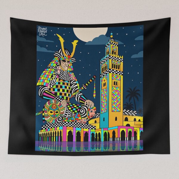 Item preview, African Samurai surreal art Marrakesh Koutoubia psychedelic pop culture print designed and sold by DrawHandArt.