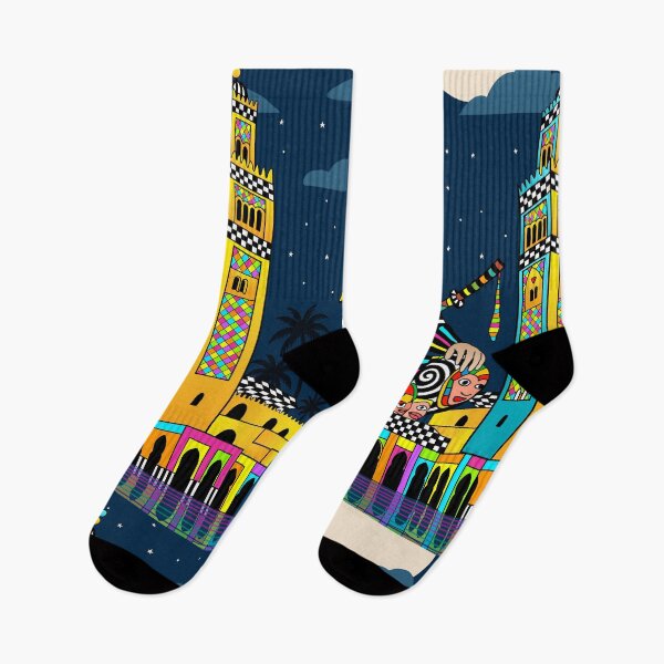 Item preview, African Samurai surreal art Marrakesh Koutoubia psychedelic pop culture print designed and sold by DrawHandArt.