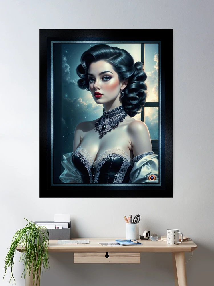 The Nocturnal Gaze Of Anthea Virelli Amidst Ethereal Cosmic Skies AI Concept Art by Xzendor7 | A Raven Hair Beauty 2 The Nocturnal Gaze Of Anthea Virelli Amidst Ethereal Cosmic Skies Gorgeous AI Concept Art by Xzendor7 Room Decor Poster Art Print