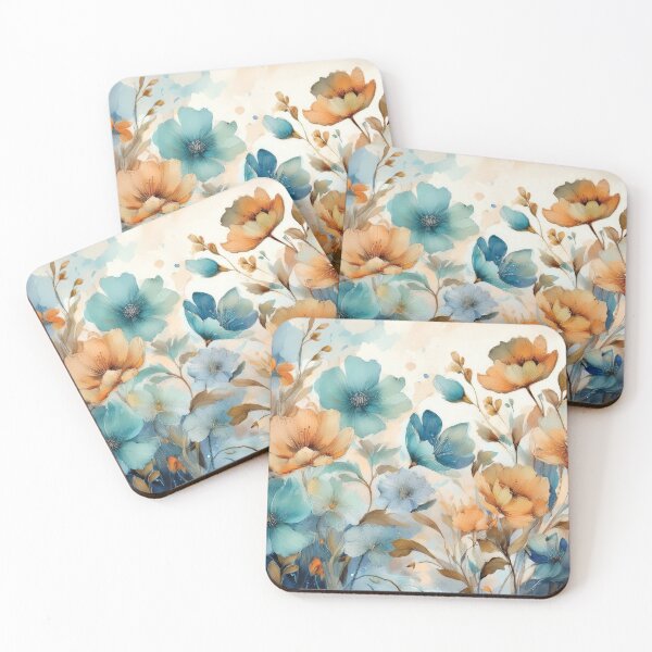 Item preview, Neutral VINTAGE FLOWERS dusty blue and burnt orange, boho wildflower watercolour garden, neutral colors and green alcohol ink effect, white flower, blue and orange floral spring painting designed and sold by navitalidesign.