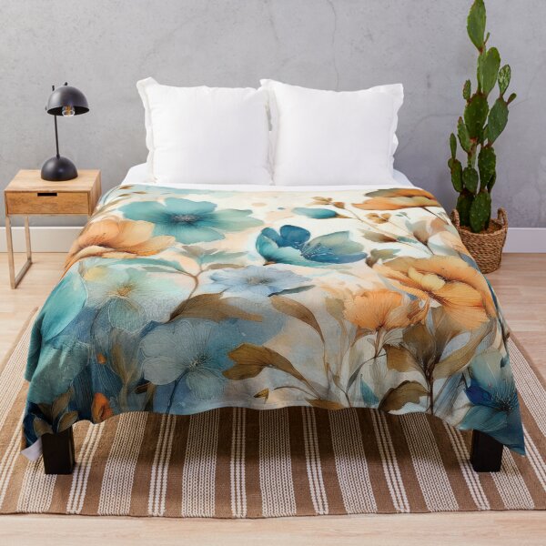 Item preview, Neutral VINTAGE FLOWERS dusty blue and burnt orange, boho wildflower watercolour garden, neutral colors and green alcohol ink effect, white flower, blue and orange floral spring painting designed and sold by navitalidesign.