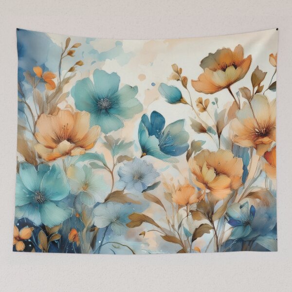 Item preview, Neutral VINTAGE FLOWERS dusty blue and burnt orange, boho wildflower watercolour garden, neutral colors and green alcohol ink effect, white flower, blue and orange floral spring painting designed and sold by navitalidesign.