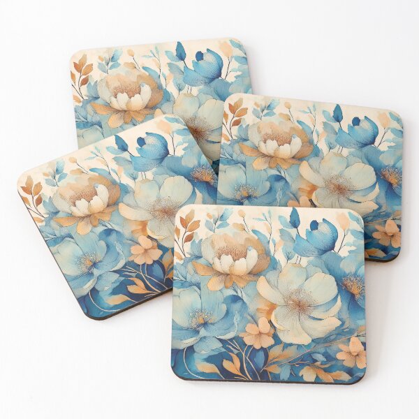 Item preview, Neutral VINTAGE FLOWERS dusty blue and burnt orange 2, boho wildflower watercolour garden, neutral colors and green alcohol ink effect, white flower, blue and orange floral spring painting designed and sold by navitalidesign.