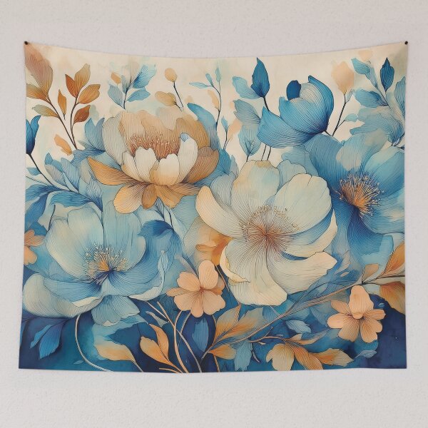 Item preview, Neutral VINTAGE FLOWERS dusty blue and burnt orange 2, boho wildflower watercolour garden, neutral colors and green alcohol ink effect, white flower, blue and orange floral spring painting designed and sold by navitalidesign.