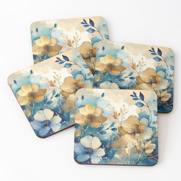 Item preview, Neutral VINTAGE FLOWERS dusty blue and burnt orange 3, boho wildflower watercolour garden, neutral colors and green alcohol ink effect, white flower, blue and orange floral spring painting designed and sold by navitalidesign.