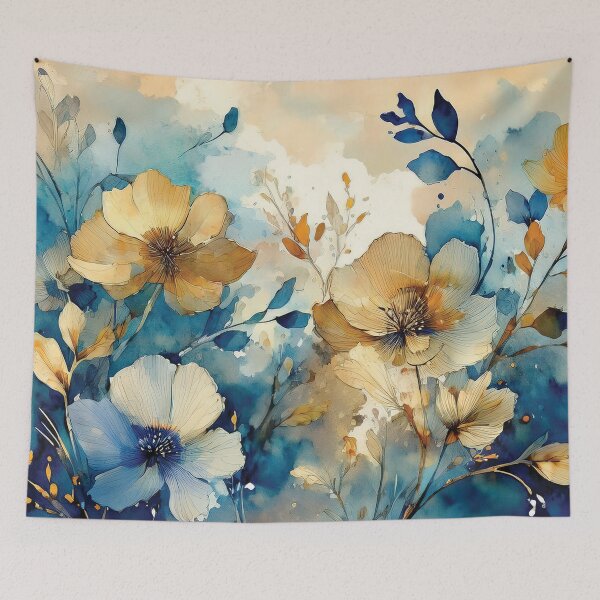 Item preview, Neutral VINTAGE FLOWERS dusty blue and burnt orange 3, boho wildflower watercolour garden, neutral colors and green alcohol ink effect, white flower, blue and orange floral spring painting designed and sold by navitalidesign.