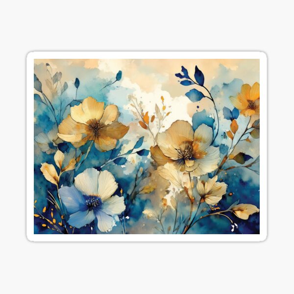 Item preview, Neutral VINTAGE FLOWERS dusty blue and burnt orange 3, boho wildflower watercolour garden, neutral colors and green alcohol ink effect, white flower, blue and orange floral spring painting designed and sold by navitalidesign.