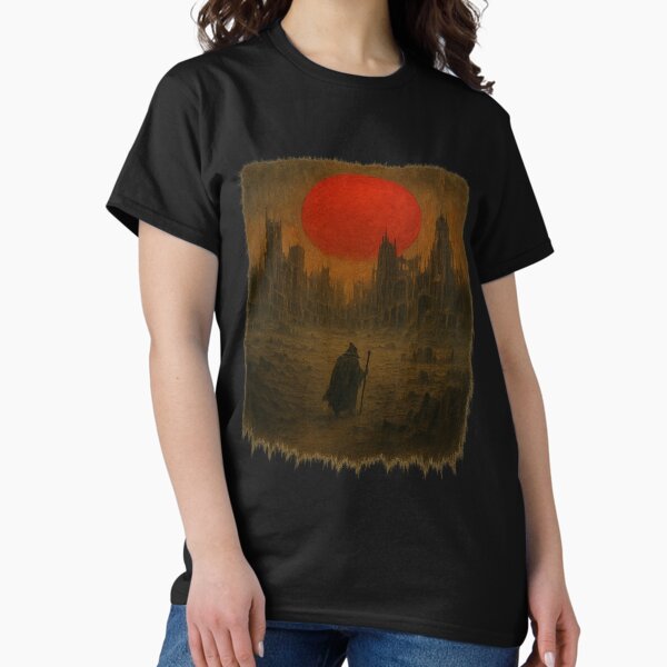 Item preview, Wandering Sorcerer Under Blood Red Moon in Ruined City - Dark Fantasy Art designed and sold by omerckaca.