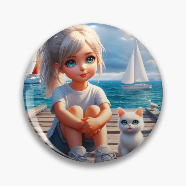 Artikelvorschau, Harbor Serenity – Blondes Mädchen mit ihrer weißen Katze entworfen und verkauft von EmeraldeaArt.