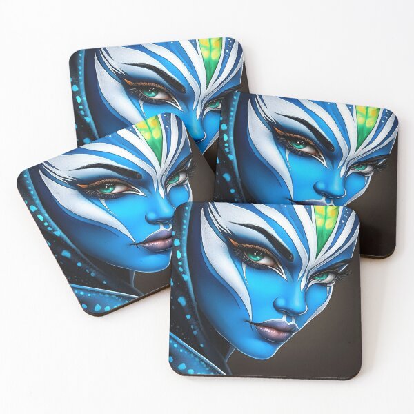 Item preview, Futuristic blue alien portrait with striking features. designed and sold by Artessie.