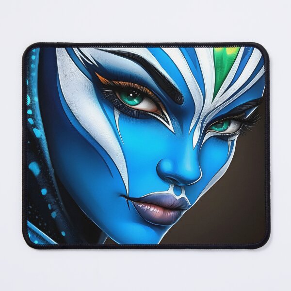 Item preview, Futuristic blue alien portrait with striking features. designed and sold by Artessie.