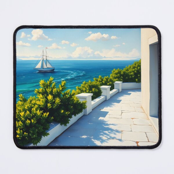 Item preview, White Terrace Overlooking the Sea with a Sailboat designed and sold by EmeraldeaArt.