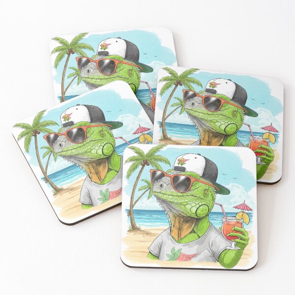 Item preview, Cool Iguana on the Beach – Tropical Watercolor Reptile Art with Shades & Drink designed and sold by PixHub .