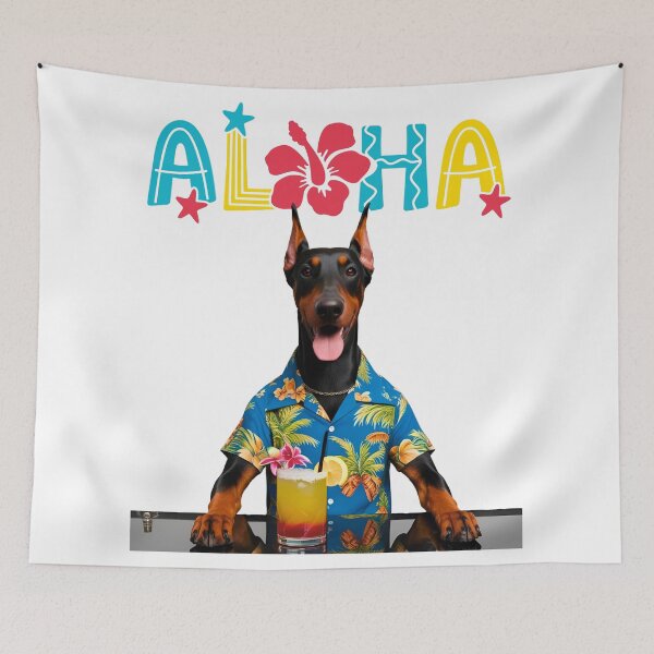 Item preview, Aloha Doberman – Tropical Bar Dog with Hawaiian Shirt and Mai Tai designed and sold by Fredster1966.