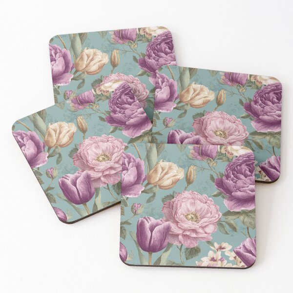 Item preview, Tulips and Peonies in Pink and Violet on Muted Turquoise (Seamless Pattern) designed and sold by dawnleblanc55.