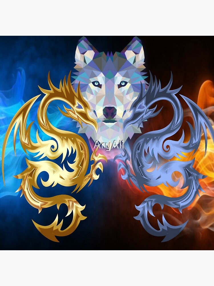Impression Rigide Dragon Et Loup En Rouge Et Bleu Feu Et Glace Par Aryali Redbubble