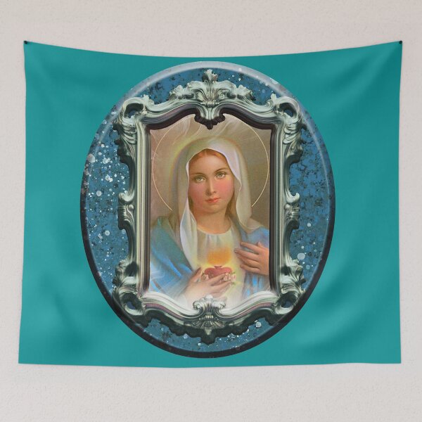 Item preview, Sacred Heart of Mother Mary in an ornate frame - blue background designed and sold by PhaedraArt.