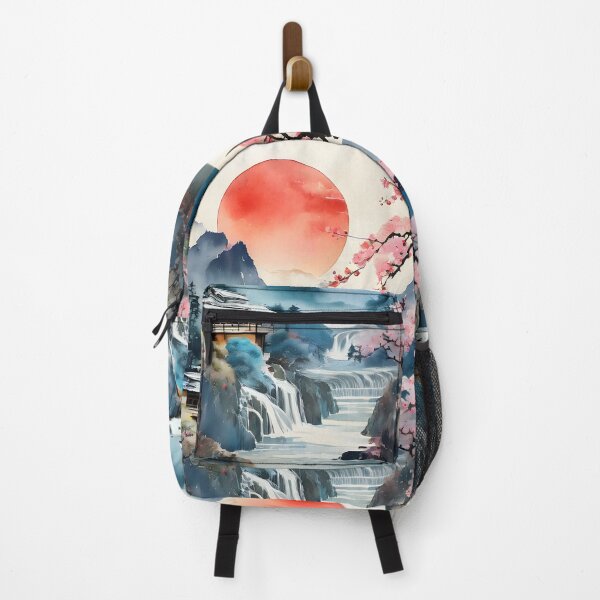 Item preview, SAKURA CHERRY BLOSSOM SUMMER Vintage Japanese Village Misty Fog Mountain Waterfall River Asian Oriental Watercolor Style - Four Seasons designed and sold by Spinning Plates 360.