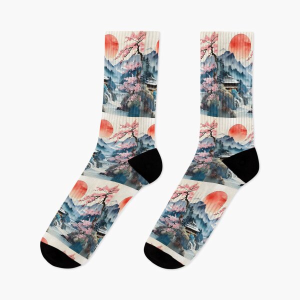 Item preview, SAKURA CHERRY BLOSSOM SUMMER Vintage Japanese Village Misty Fog Mountain Waterfall River Asian Oriental Watercolor Style - Four Seasons designed and sold by Spinning Plates 360.