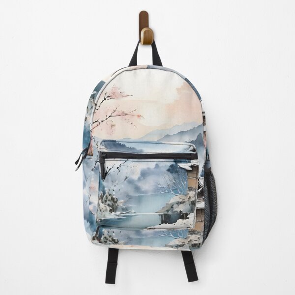 Item preview, SAKURA CHERRY BLOSSOM WINTER Vintage Japanese Village Misty Fog Mountain Waterfall River Asian Oriental Watercolor Style - Four Seasons designed and sold by Spinning Plates 360.