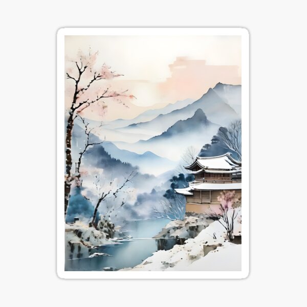 Item preview, SAKURA CHERRY BLOSSOM WINTER Vintage Japanese Village Misty Fog Mountain Waterfall River Asian Oriental Watercolor Style - Four Seasons designed and sold by Spinning Plates 360.
