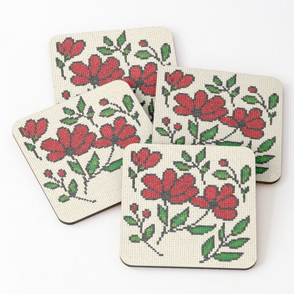 Item preview, Cross-Stitch Red Flowers on Linen Look designed and sold by Pacika.