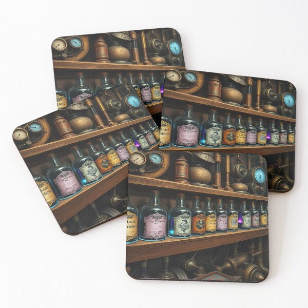 Item preview, Secret Alchemist's Chamber - A shelf full of magic potions with elaborate, absurd labels and names. designed and sold by FotoworldEdel.