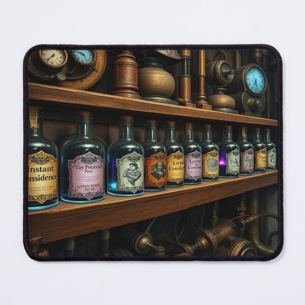 Item preview, Secret Alchemist's Chamber - A shelf full of magic potions with elaborate, absurd labels and names. designed and sold by FotoworldEdel.