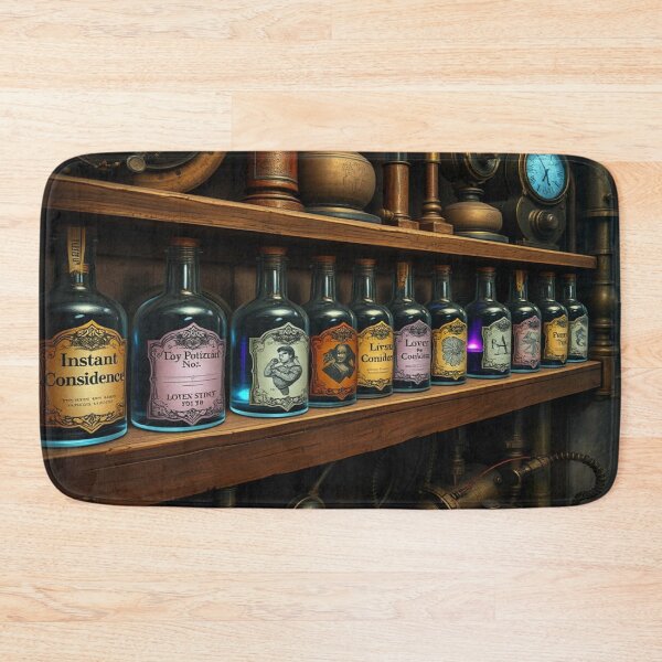 Item preview, Secret Alchemist's Chamber - A shelf full of magic potions with elaborate, absurd labels and names. designed and sold by FotoworldEdel.