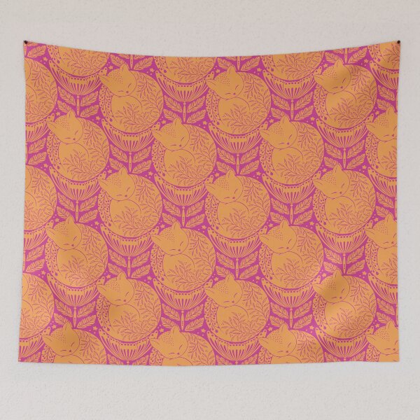 Item preview, Folk cat sleeping in a flower - hot pink and orange designed and sold by OzdeBayer.