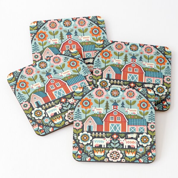 Item preview, Scandinavian Folk Art Red Barn and Cows Farm Scene by heidiannemorris © designed and sold by FOLK ART FUSION by heidiannemorris.